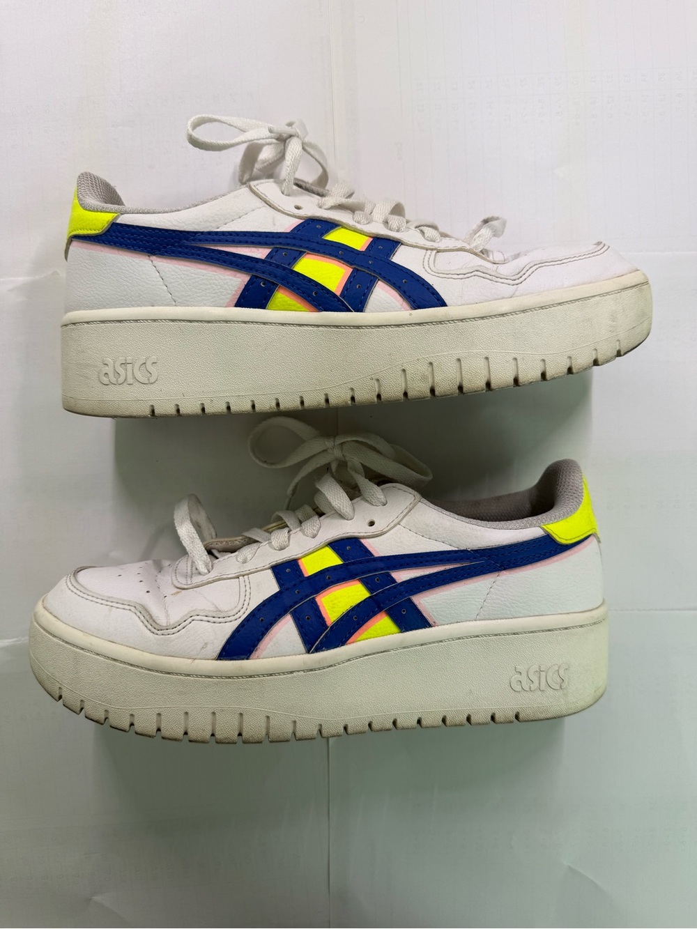 ASICS White Sneakers with Blue & Neon Yellow Accents